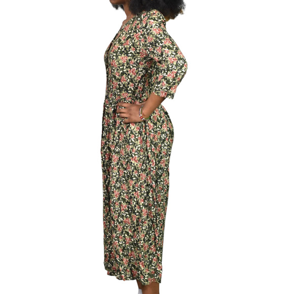 Vintage Rabbit Floral Jumpsuit Black Rayon Wide Leg Ditsy Microprint Calico XS - Picture 12 of 12